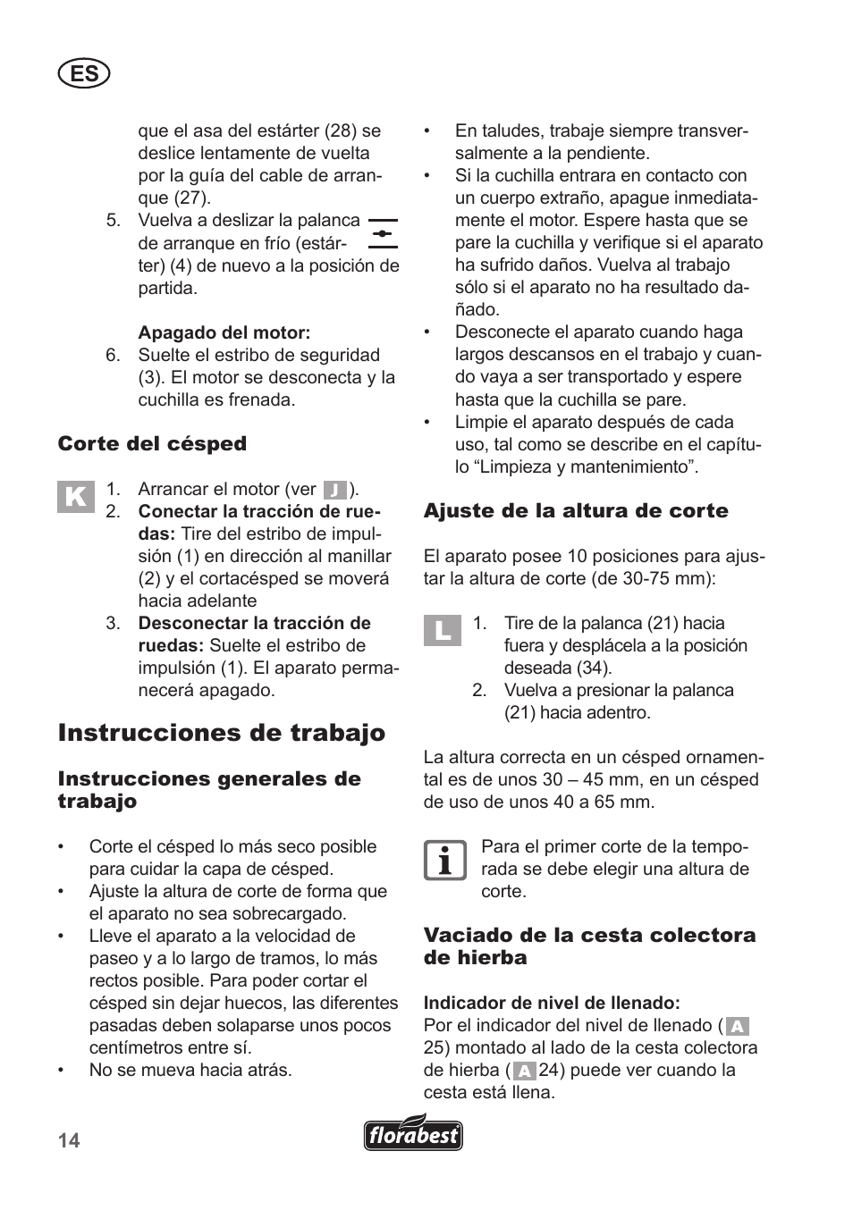 Instrucciones de trabajo | Florabest FBM 135 A1 User Manual | Page 14 / 100