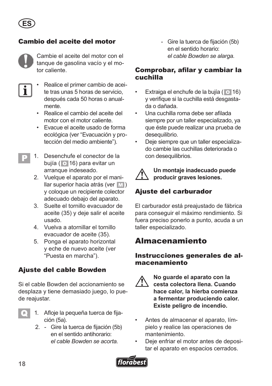 Almacenamiento | Florabest FBM 135 A1 User Manual | Page 18 / 100