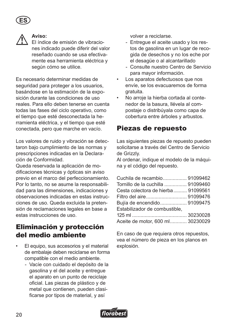 Eliminación y protección del medio ambiente, Piezas de repuesto | Florabest FBM 135 A1 User Manual | Page 20 / 100