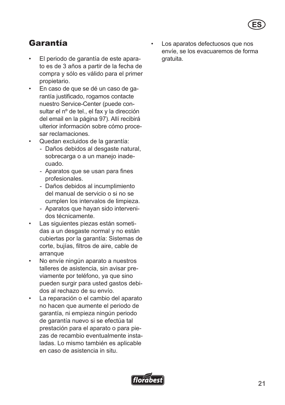 Garantía | Florabest FBM 135 A1 User Manual | Page 21 / 100