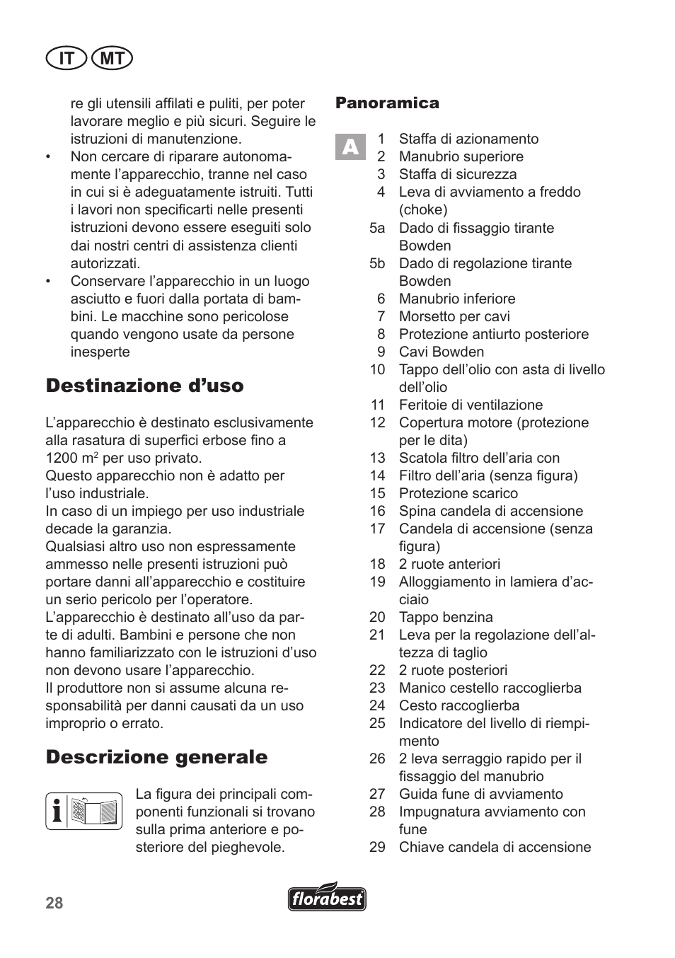 Destinazione d’uso, Descrizione generale, It mt | Florabest FBM 135 A1 User Manual | Page 28 / 100