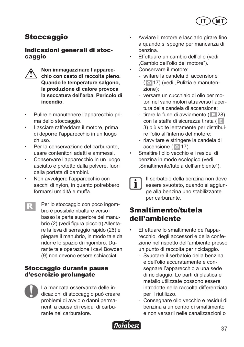 Stoccaggio, Smaltimento/tutela dell’ambiente, It mt | Florabest FBM 135 A1 User Manual | Page 37 / 100