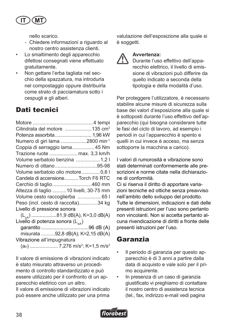 Dati tecnici, Garanzia, It mt | Florabest FBM 135 A1 User Manual | Page 38 / 100