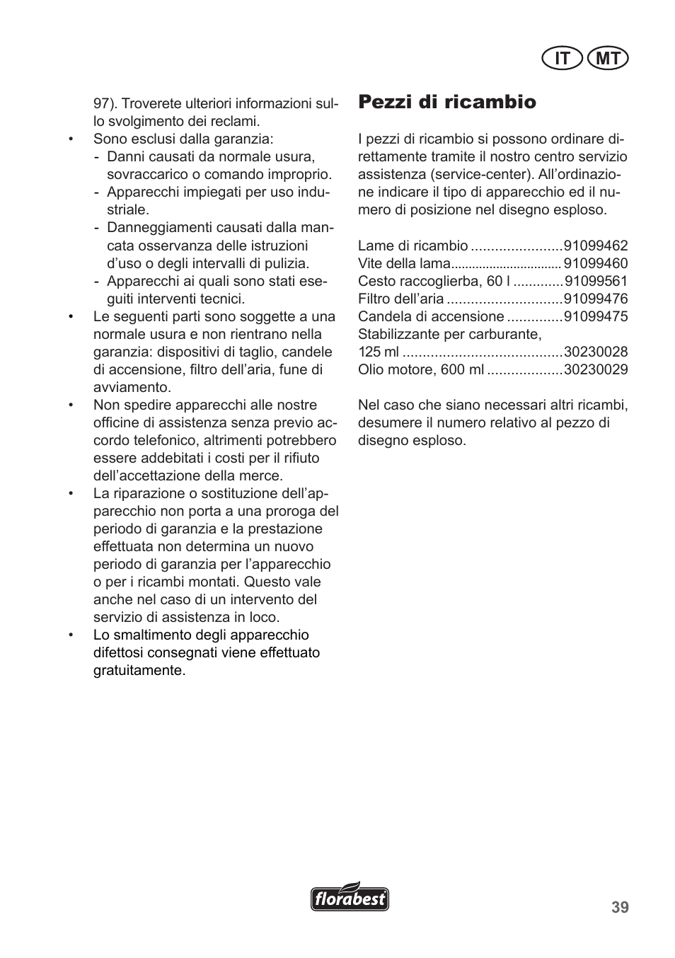 Pezzi di ricambio, It mt | Florabest FBM 135 A1 User Manual | Page 39 / 100