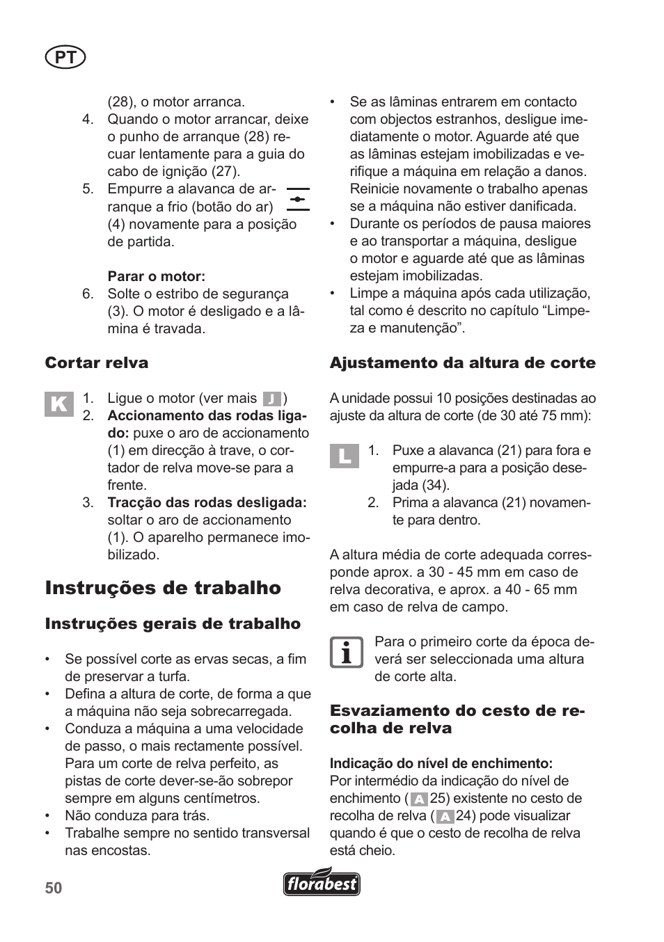 Instruções de trabalho | Florabest FBM 135 A1 User Manual | Page 50 / 100