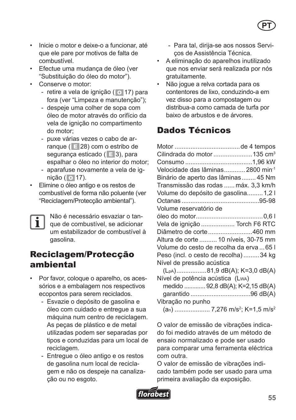 Reciclagem/protecção ambiental, Dados técnicos | Florabest FBM 135 A1 User Manual | Page 55 / 100