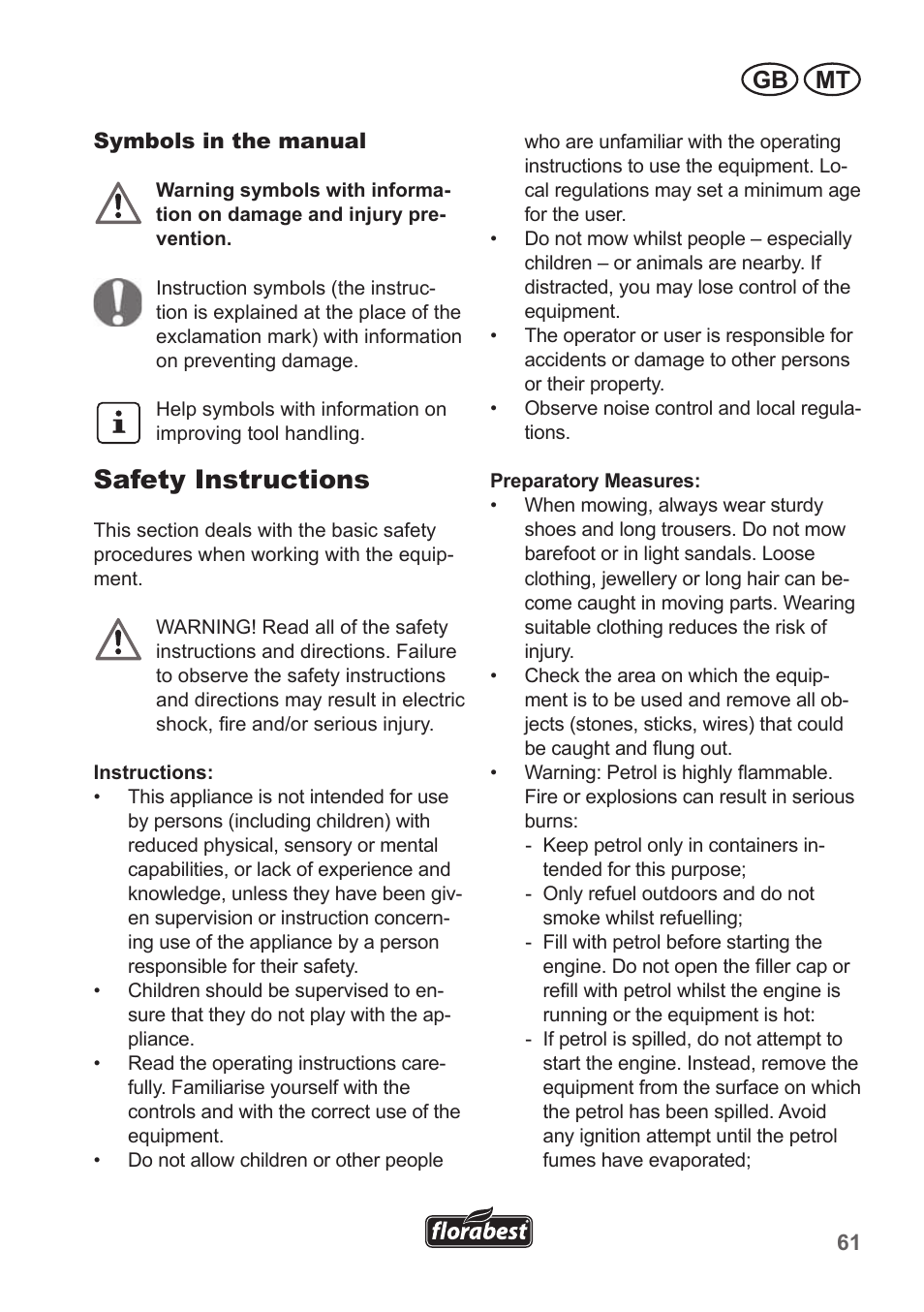 Safety instructions, Gb mt | Florabest FBM 135 A1 User Manual | Page 61 / 100