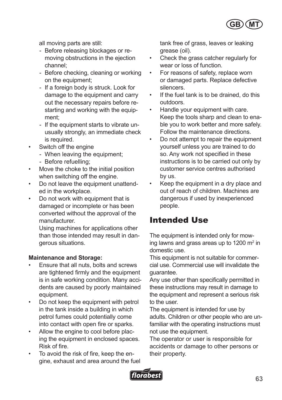 Intended use, Gb mt | Florabest FBM 135 A1 User Manual | Page 63 / 100