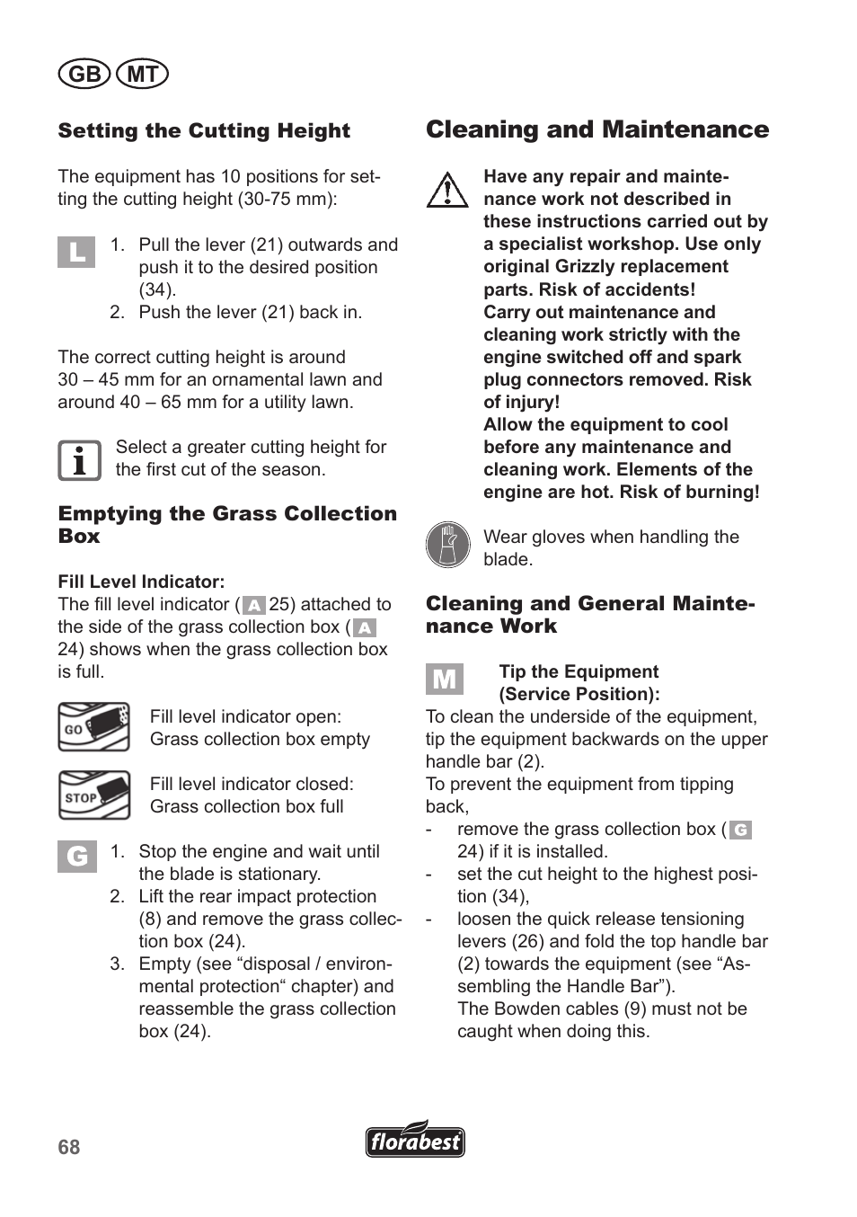 Cleaning and maintenance, Gb mt | Florabest FBM 135 A1 User Manual | Page 68 / 100