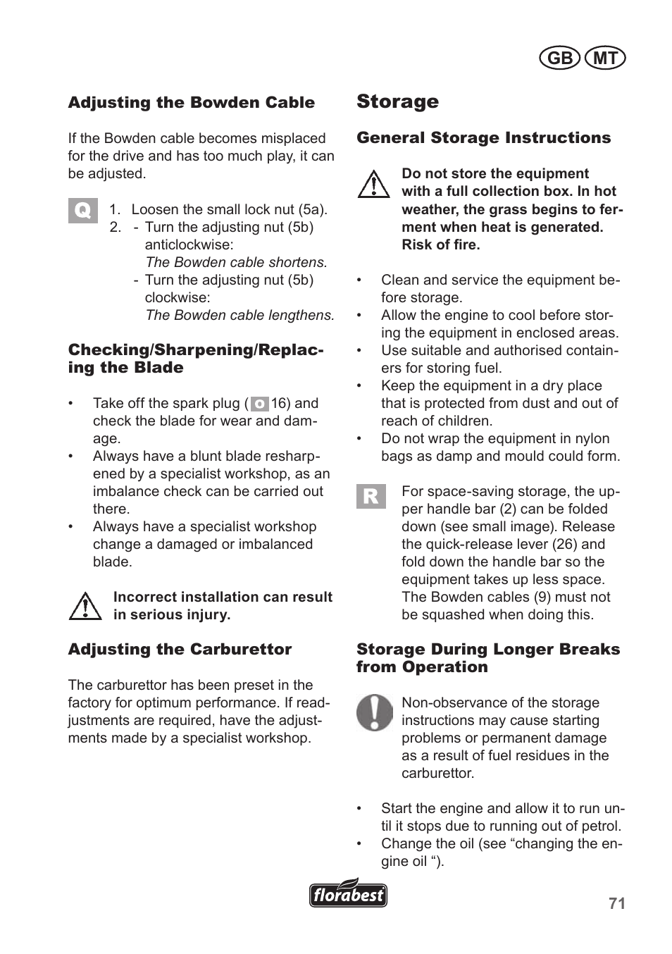 Storage, Gb mt | Florabest FBM 135 A1 User Manual | Page 71 / 100