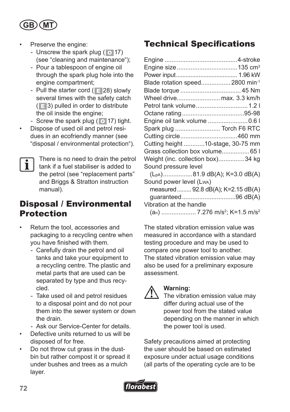 Disposal / environmental protection, Technical specifications, Gb mt | Florabest FBM 135 A1 User Manual | Page 72 / 100