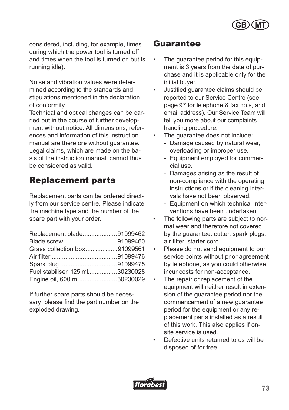 Replacement parts, Guarantee, Gb mt | Florabest FBM 135 A1 User Manual | Page 73 / 100