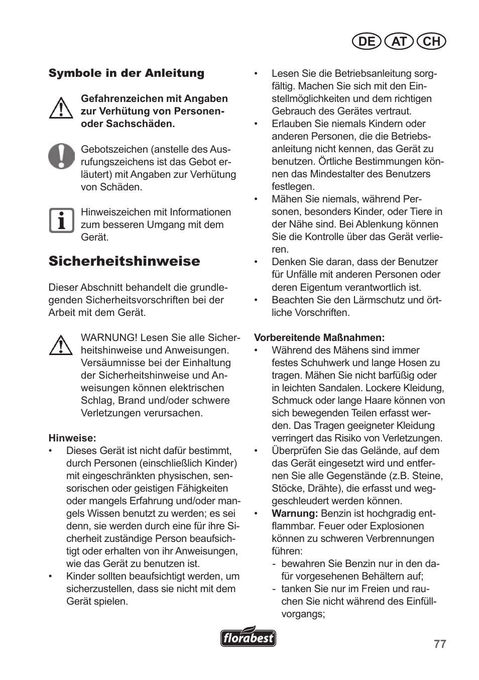 Sicherheitshinweise, De at ch | Florabest FBM 135 A1 User Manual | Page 77 / 100