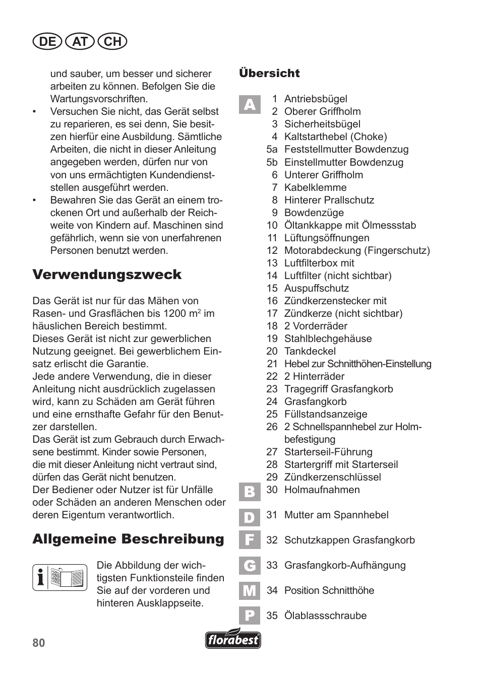 Verwendungszweck, Allgemeine beschreibung, De at ch | Florabest FBM 135 A1 User Manual | Page 80 / 100