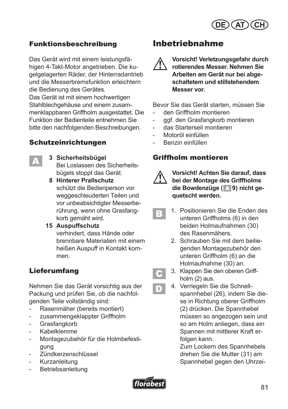 Inbetriebnahme, De at ch | Florabest FBM 135 A1 User Manual | Page 81 / 100