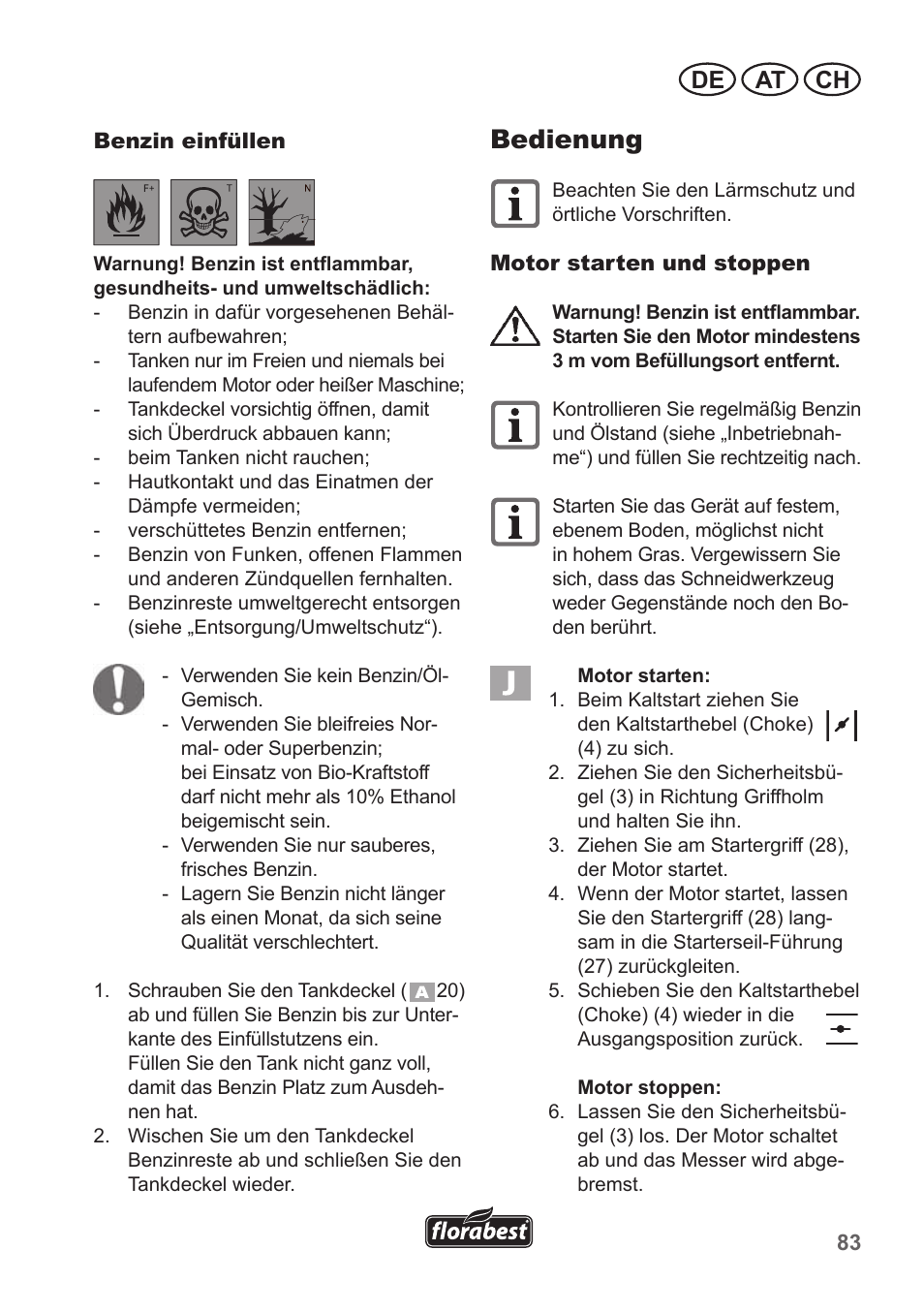 Bedienung, De at ch | Florabest FBM 135 A1 User Manual | Page 83 / 100