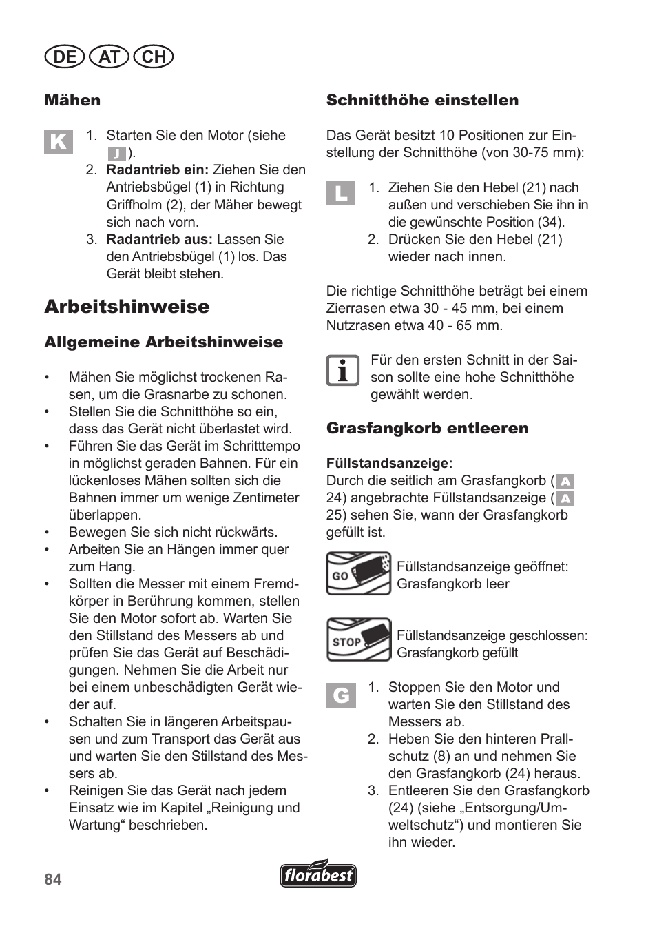 Arbeitshinweise, De at ch | Florabest FBM 135 A1 User Manual | Page 84 / 100