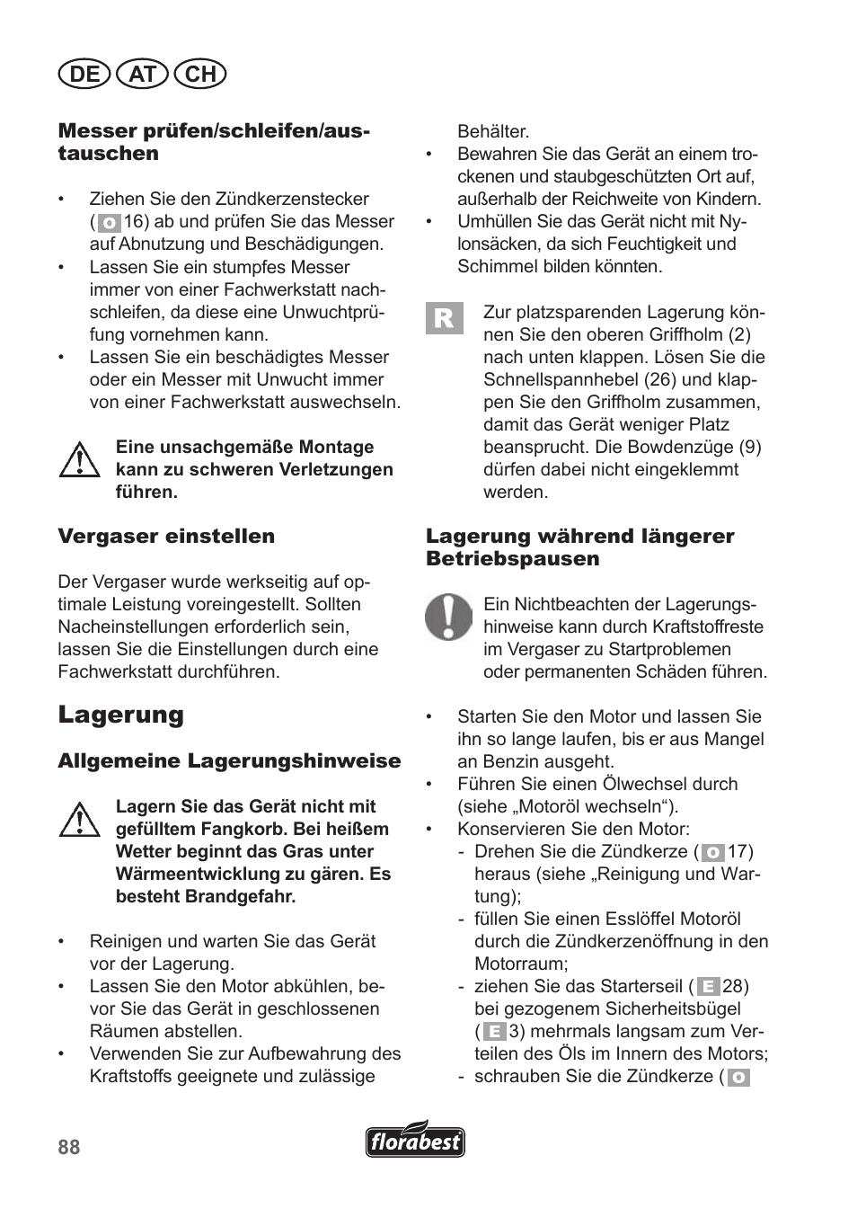 Lagerung, De at ch | Florabest FBM 135 A1 User Manual | Page 88 / 100