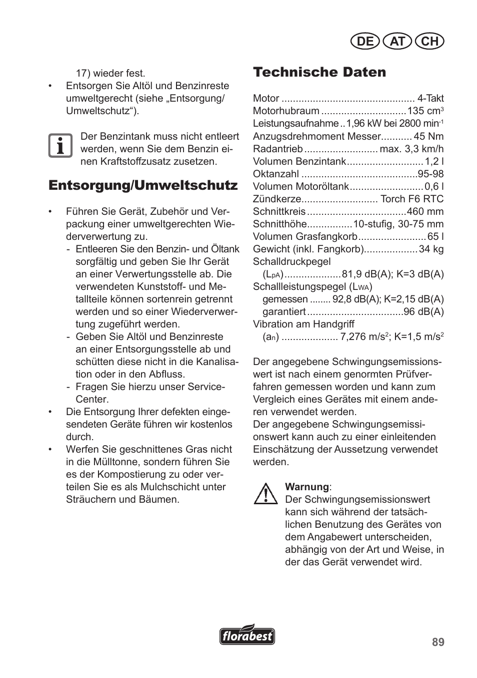 Entsorgung/umweltschutz, Technische daten, De at ch | Florabest FBM 135 A1 User Manual | Page 89 / 100