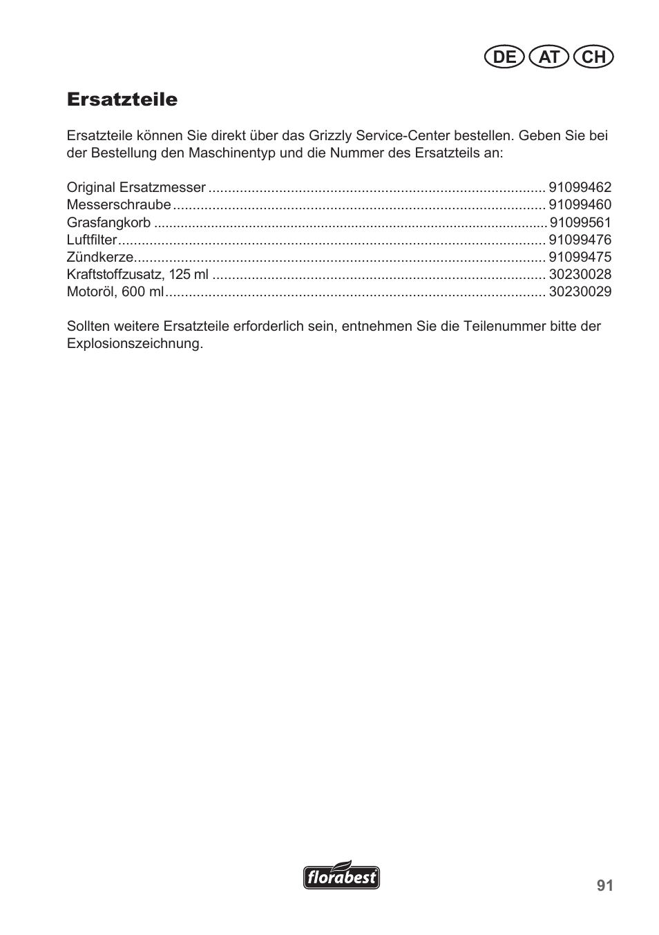 Ersatzteile, De at ch | Florabest FBM 135 A1 User Manual | Page 91 / 100