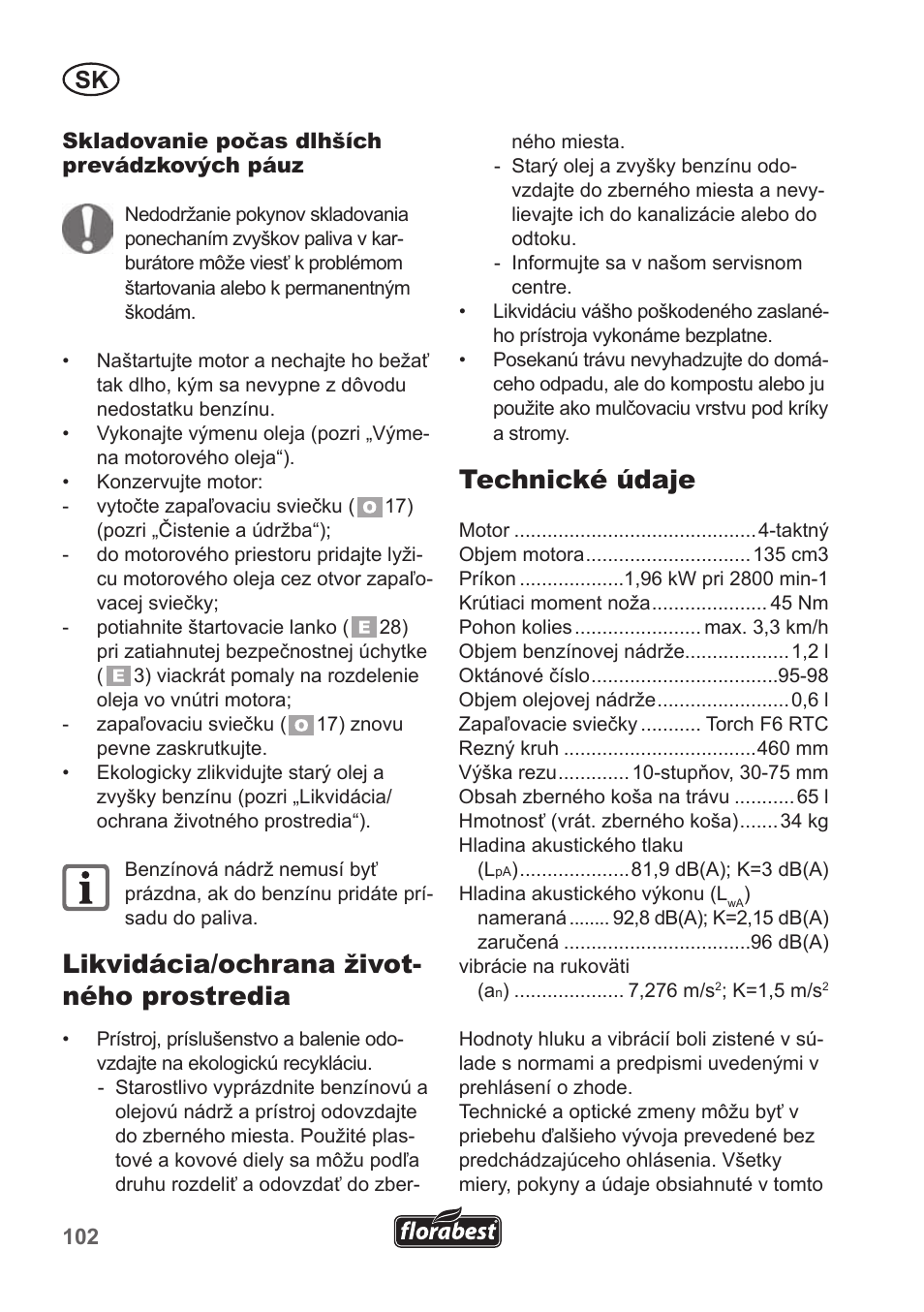 Likvidácia/ochrana život- ného prostredia, Technické údaje | Florabest FBM 135 A1 User Manual | Page 102 / 132