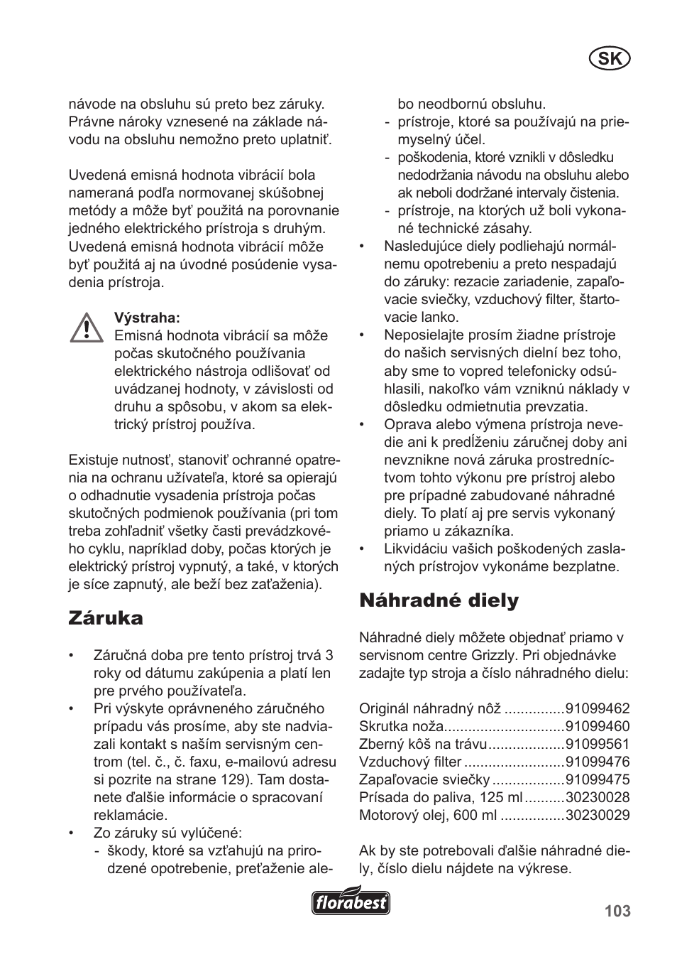Záruka, Náhradné diely | Florabest FBM 135 A1 User Manual | Page 103 / 132