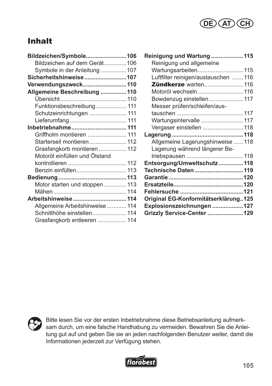 Inhalt, De at ch | Florabest FBM 135 A1 User Manual | Page 105 / 132