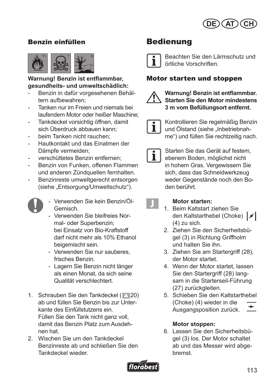 Bedienung, De at ch | Florabest FBM 135 A1 User Manual | Page 113 / 132