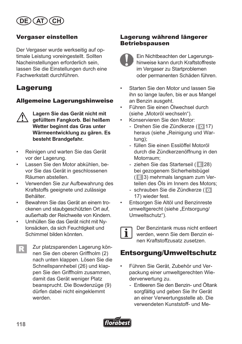 Lagerung, Entsorgung/umweltschutz, De at ch | Florabest FBM 135 A1 User Manual | Page 118 / 132