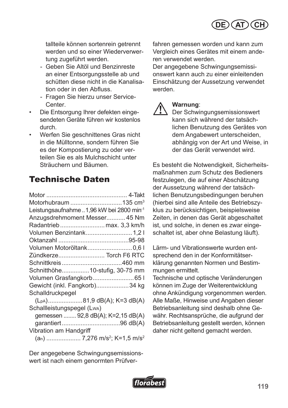 Technische daten, De at ch | Florabest FBM 135 A1 User Manual | Page 119 / 132