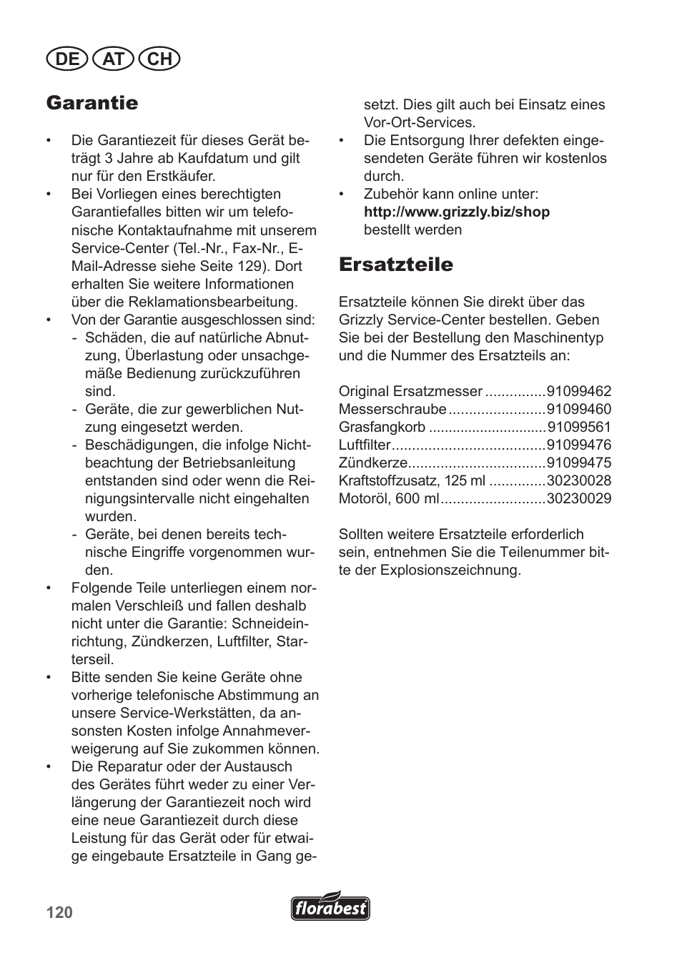 Garantie, Ersatzteile, De at ch | Florabest FBM 135 A1 User Manual | Page 120 / 132