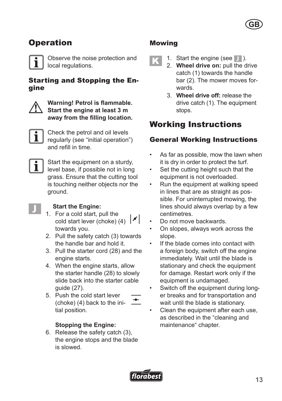 Operation, Working instructions | Florabest FBM 135 A1 User Manual | Page 13 / 132