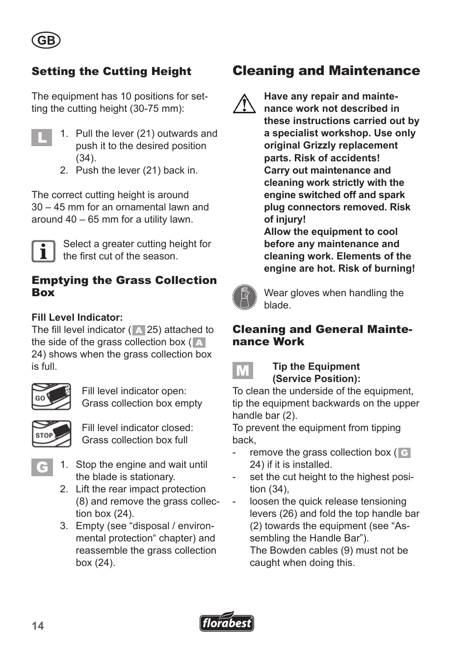 Cleaning and maintenance | Florabest FBM 135 A1 User Manual | Page 14 / 132