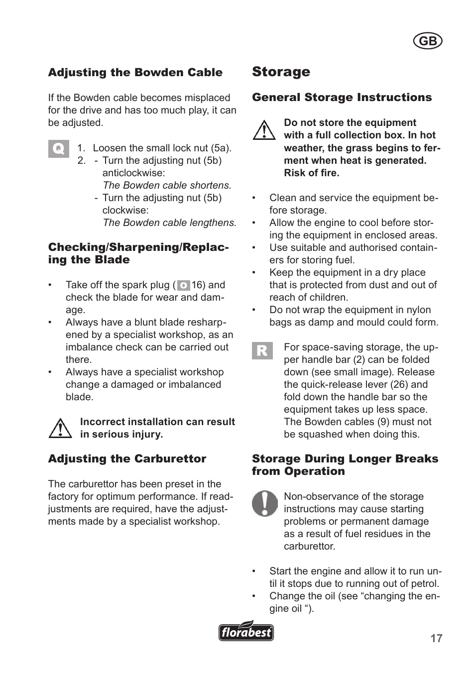 Storage | Florabest FBM 135 A1 User Manual | Page 17 / 132