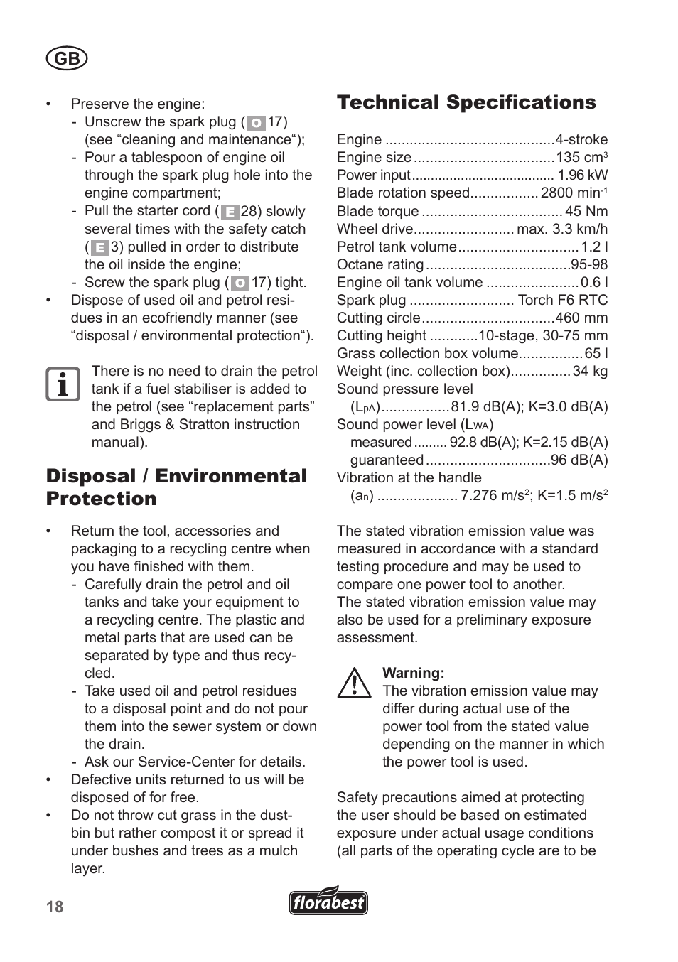 Disposal / environmental protection, Technical specifications | Florabest FBM 135 A1 User Manual | Page 18 / 132