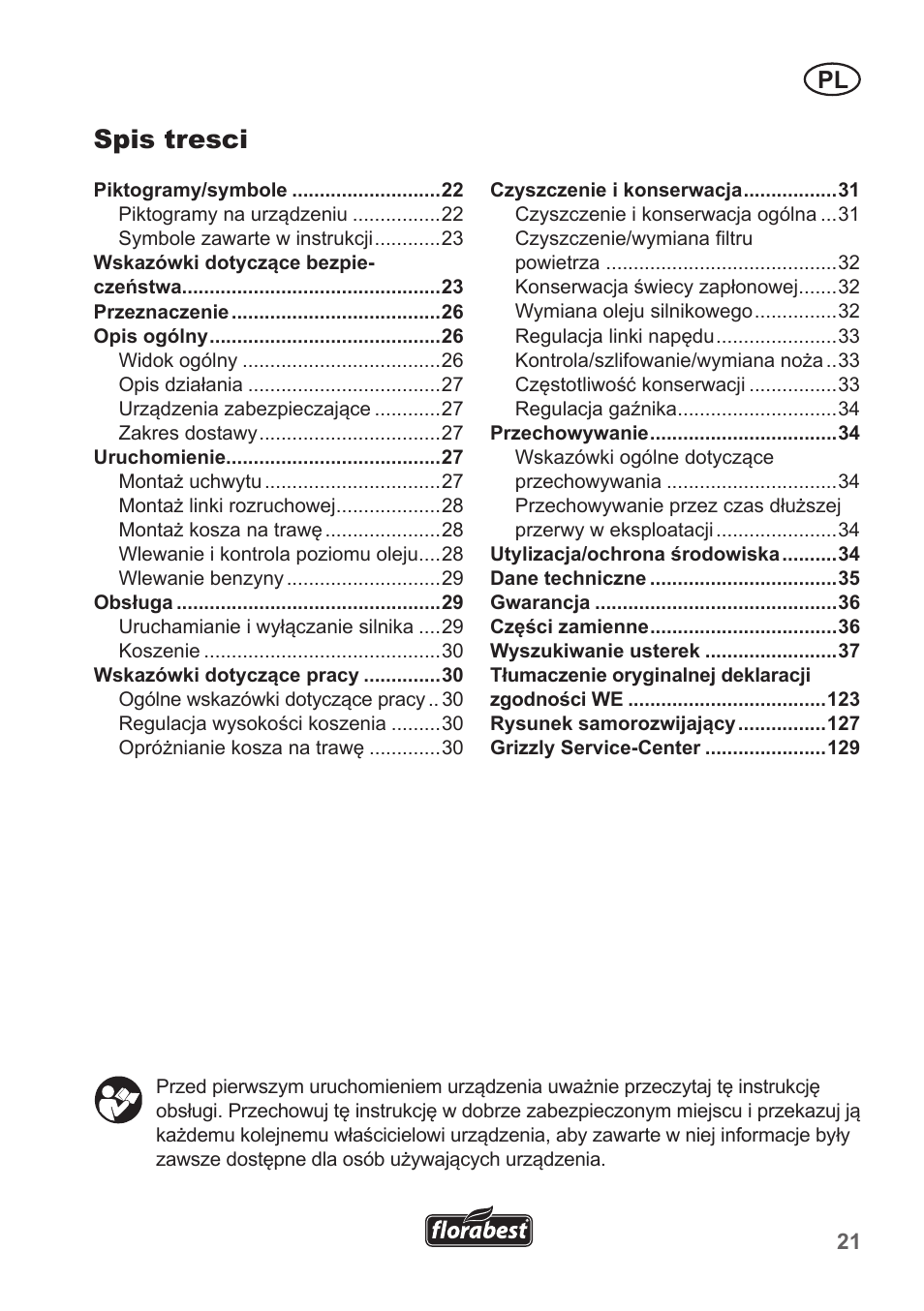 Spis tresci | Florabest FBM 135 A1 User Manual | Page 21 / 132