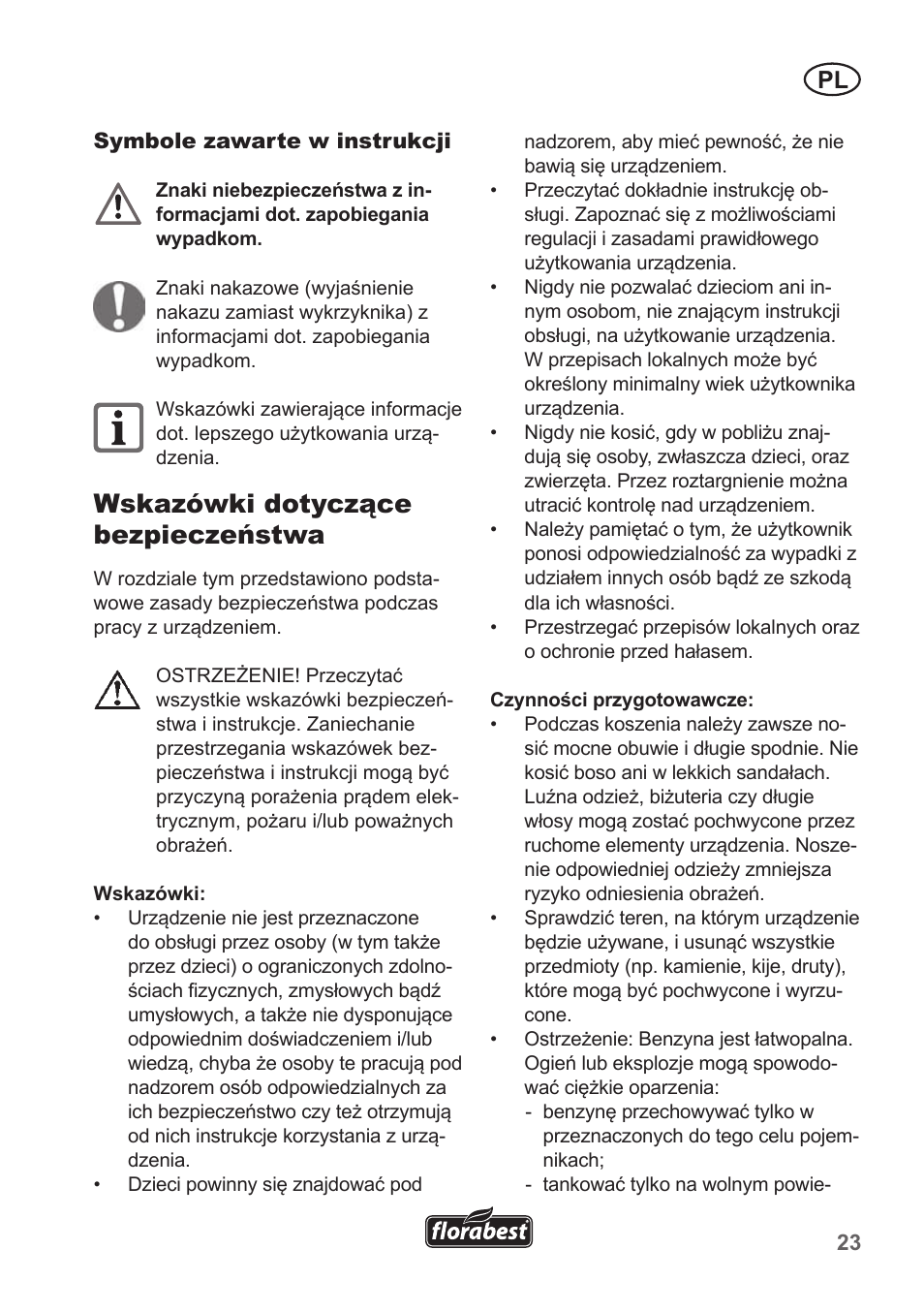 Wskazówki dotyczące bezpieczeństwa | Florabest FBM 135 A1 User Manual | Page 23 / 132