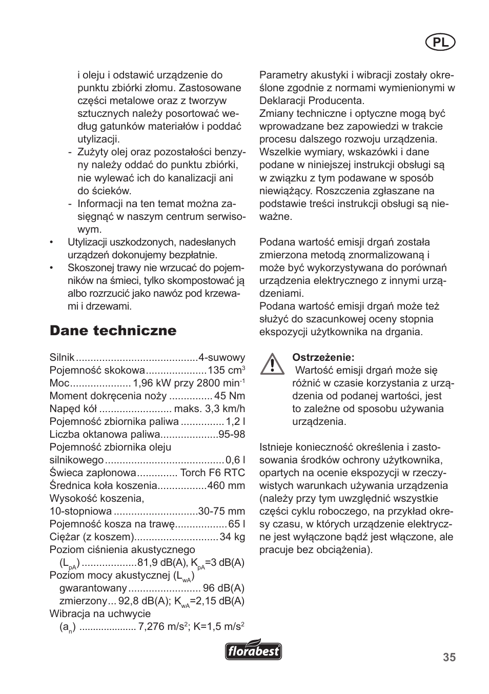 Dane techniczne | Florabest FBM 135 A1 User Manual | Page 35 / 132