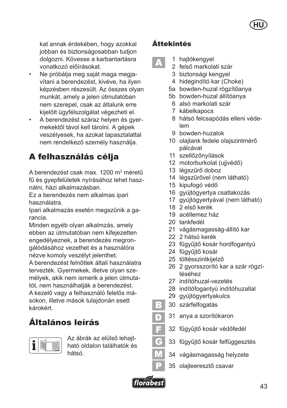A felhasználás célja, Általános leírás | Florabest FBM 135 A1 User Manual | Page 43 / 132