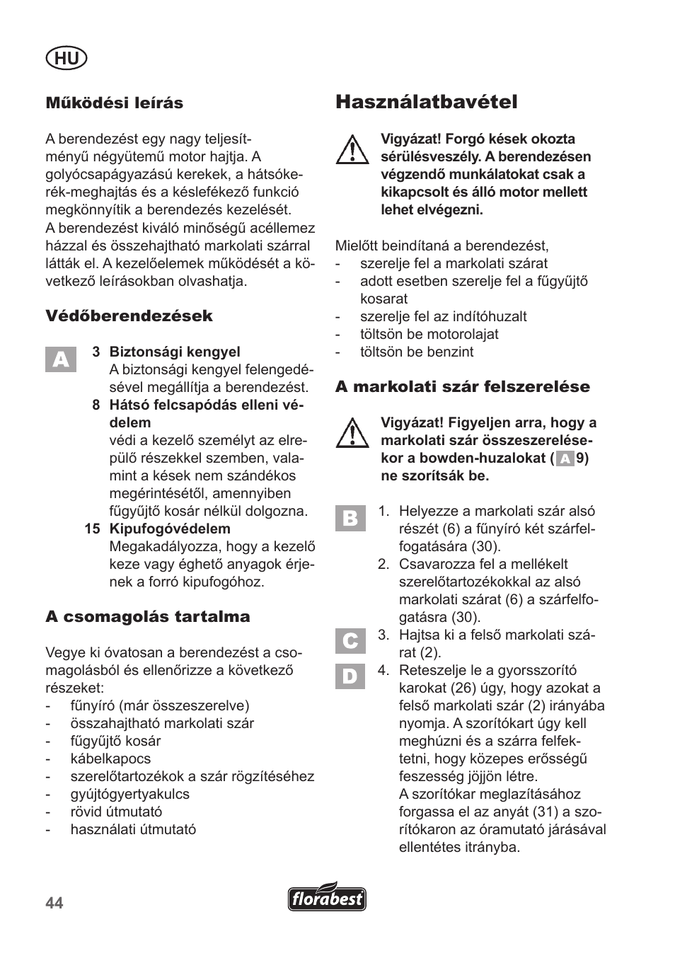 Használatbavétel | Florabest FBM 135 A1 User Manual | Page 44 / 132