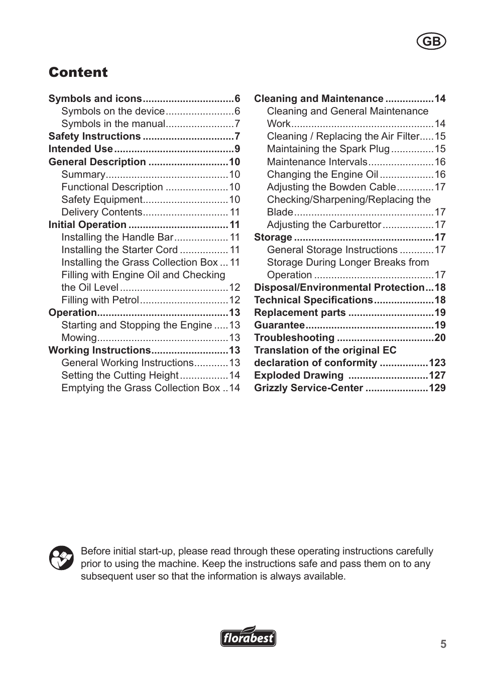 Content | Florabest FBM 135 A1 User Manual | Page 5 / 132