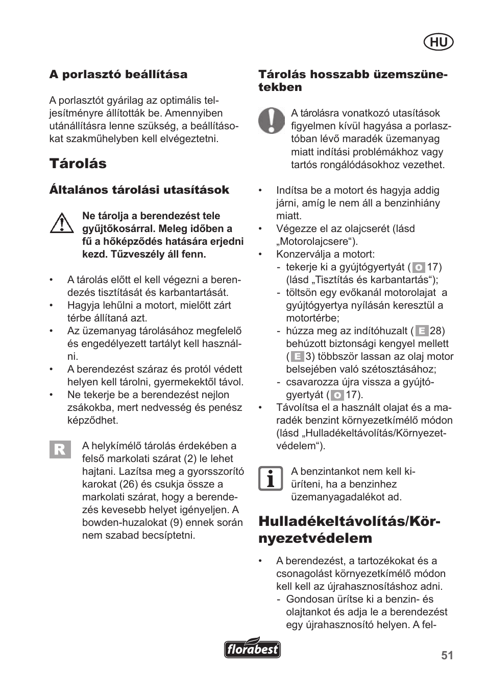 Tárolás, Hulladékeltávolítás/kör- nyezetvédelem | Florabest FBM 135 A1 User Manual | Page 51 / 132