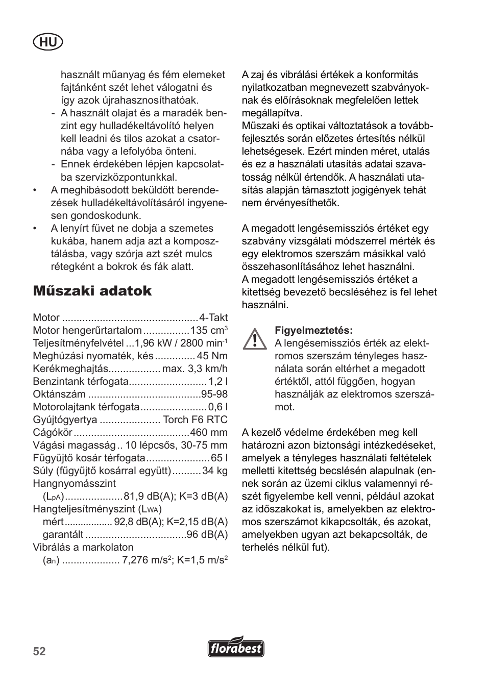 Műszaki adatok | Florabest FBM 135 A1 User Manual | Page 52 / 132