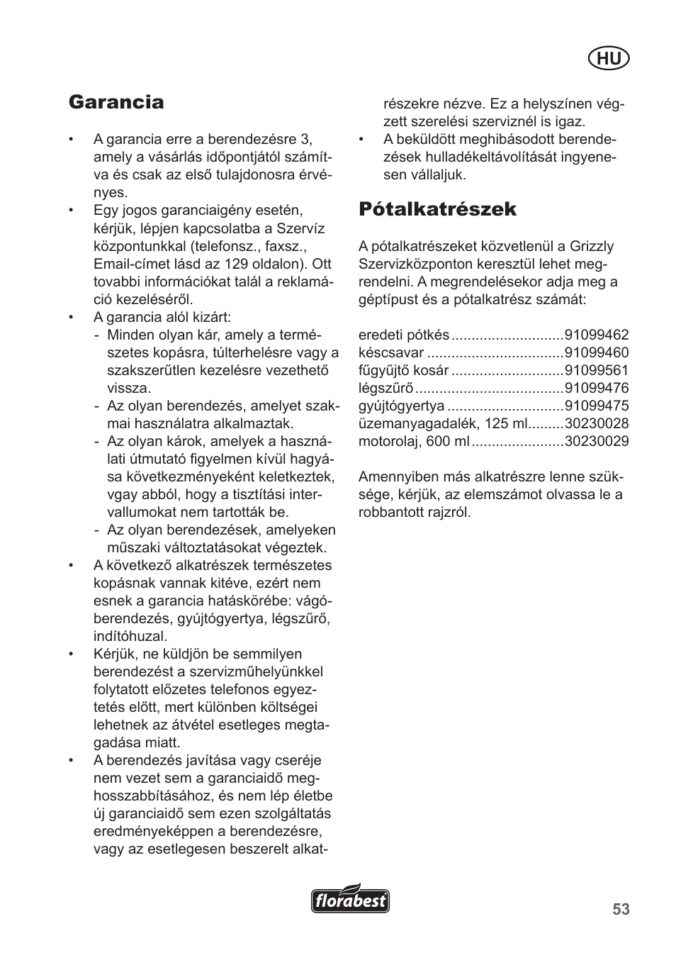 Garancia, Pótalkatrészek | Florabest FBM 135 A1 User Manual | Page 53 / 132