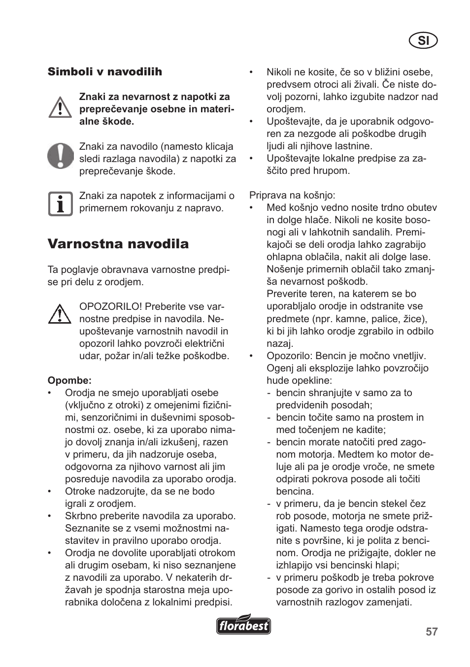 Varnostna navodila | Florabest FBM 135 A1 User Manual | Page 57 / 132