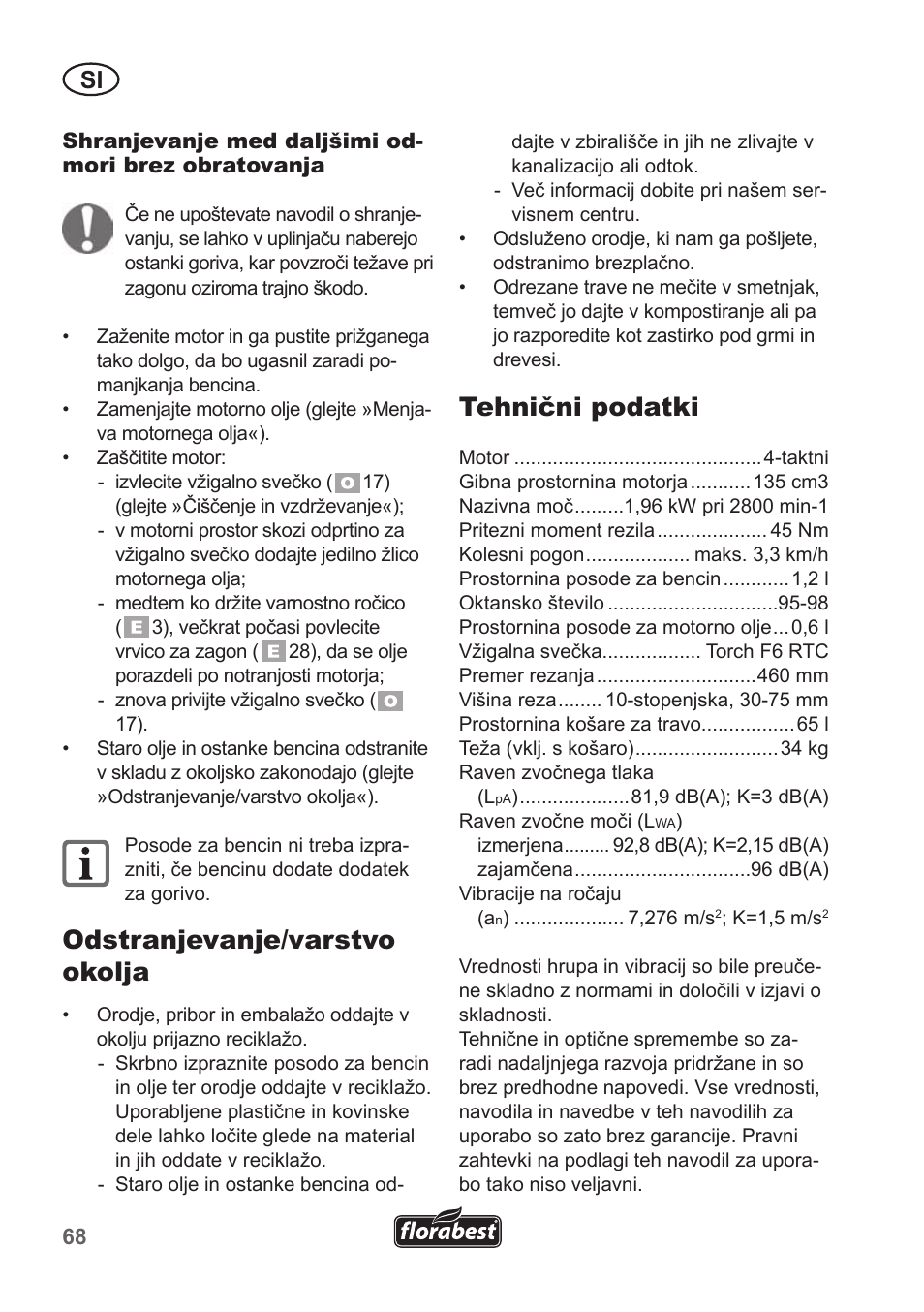 Odstranjevanje/varstvo okolja, Tehnični podatki | Florabest FBM 135 A1 User Manual | Page 68 / 132
