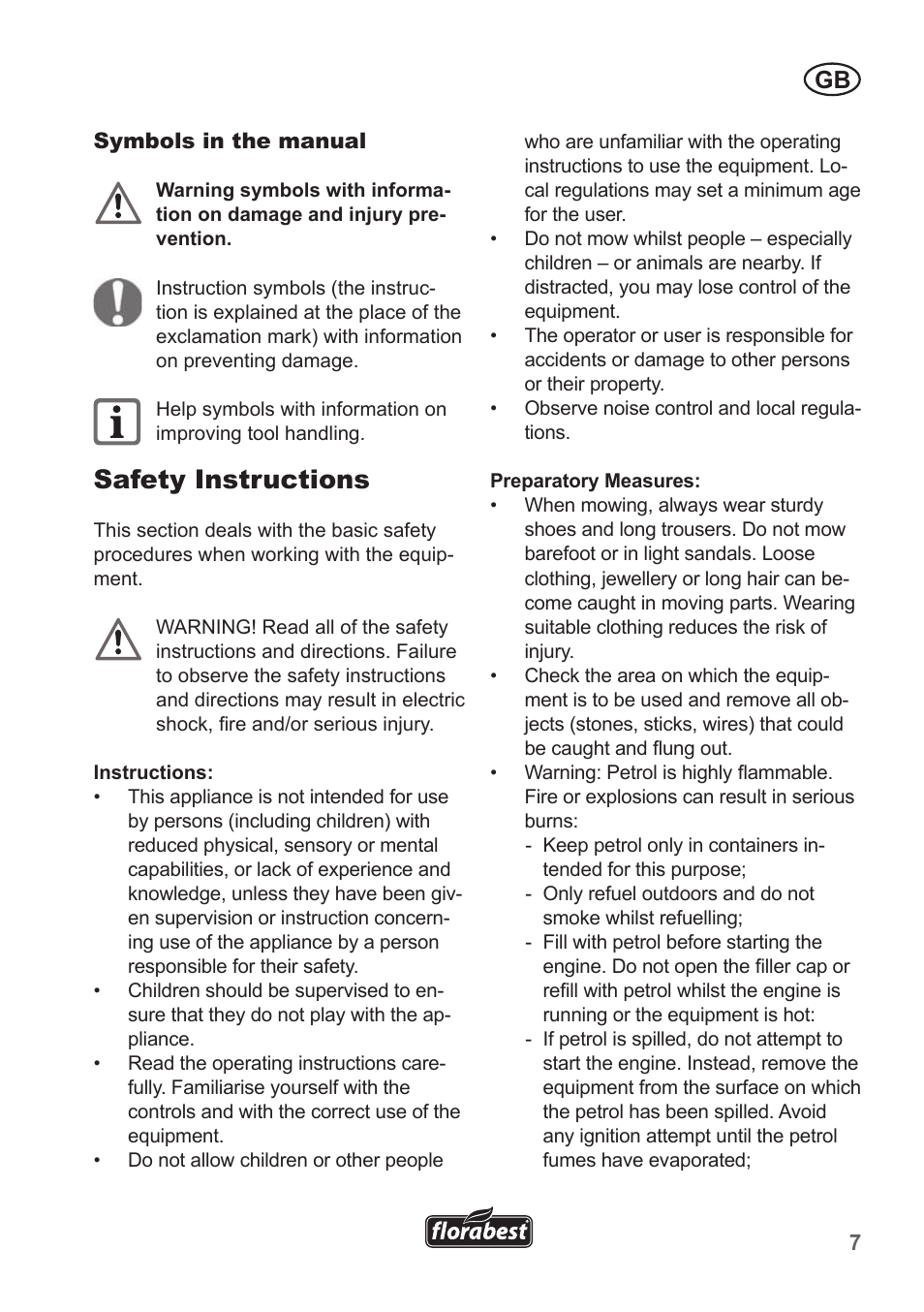 Safety instructions | Florabest FBM 135 A1 User Manual | Page 7 / 132