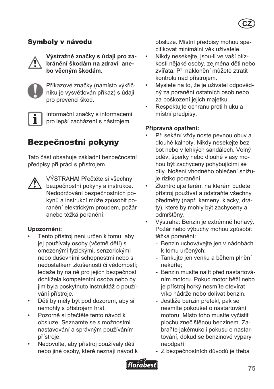 Bezpečnostní pokyny | Florabest FBM 135 A1 User Manual | Page 75 / 132