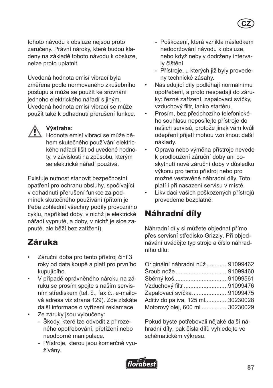 Záruka, Náhradní díly | Florabest FBM 135 A1 User Manual | Page 87 / 132
