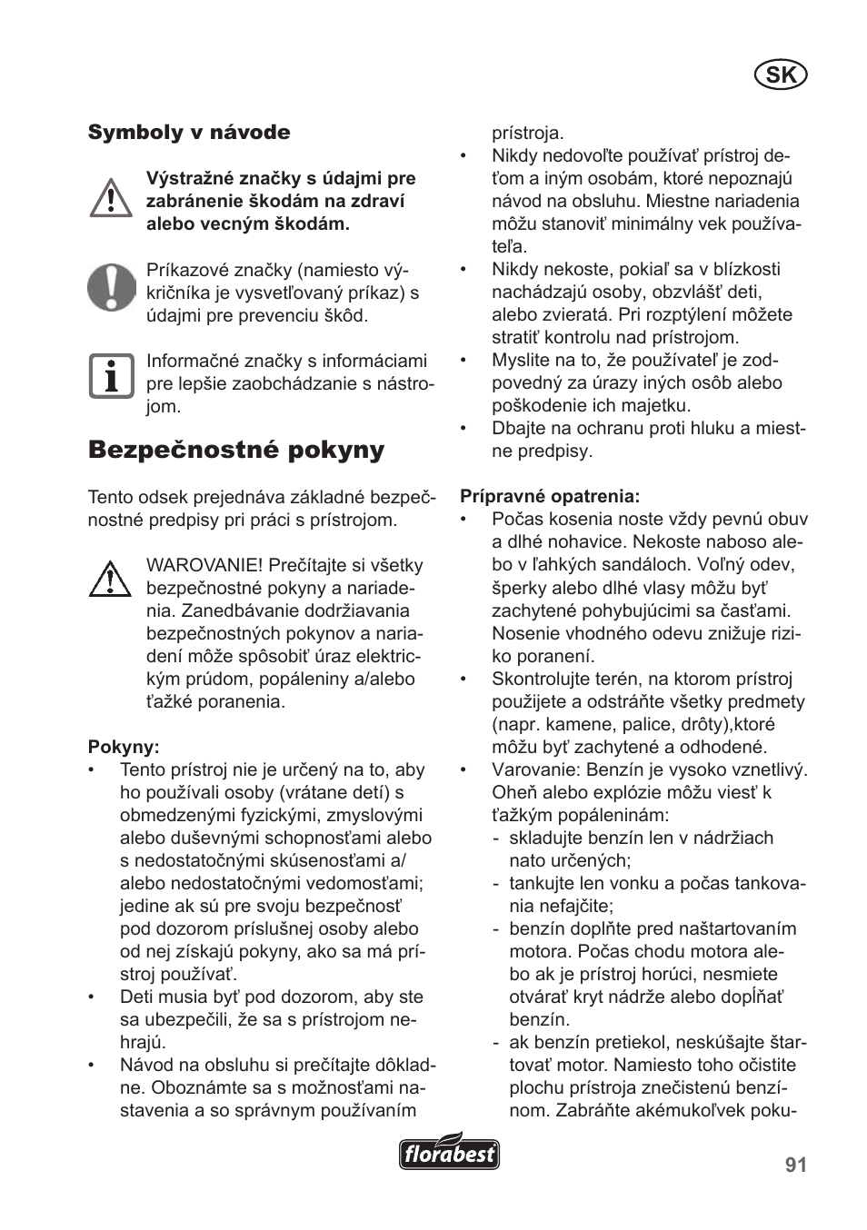 Bezpečnostné pokyny | Florabest FBM 135 A1 User Manual | Page 91 / 132